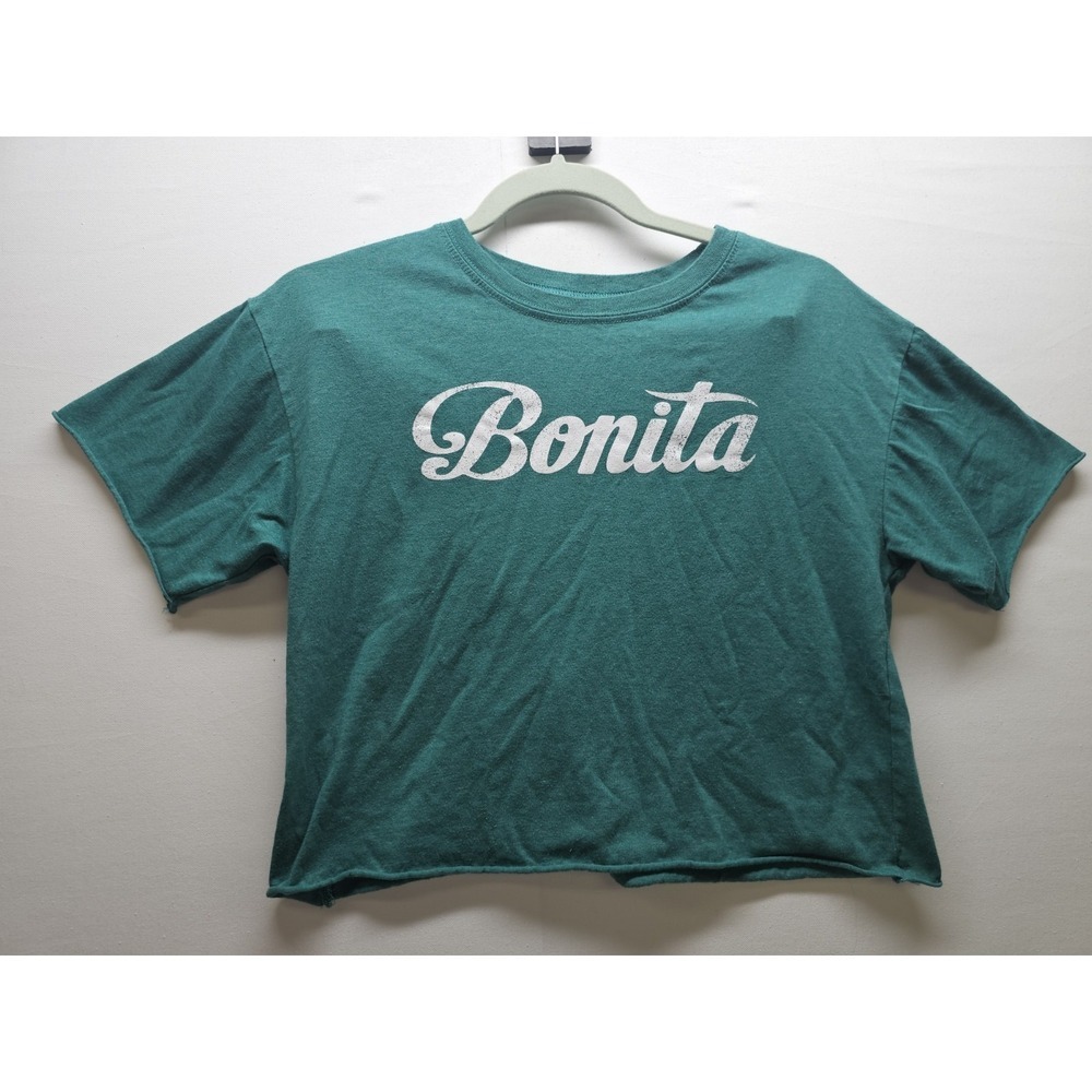Modern Lux Bonita Cropped Graphic T-Shirt M Green Boxy Raw Hem Casual Tee